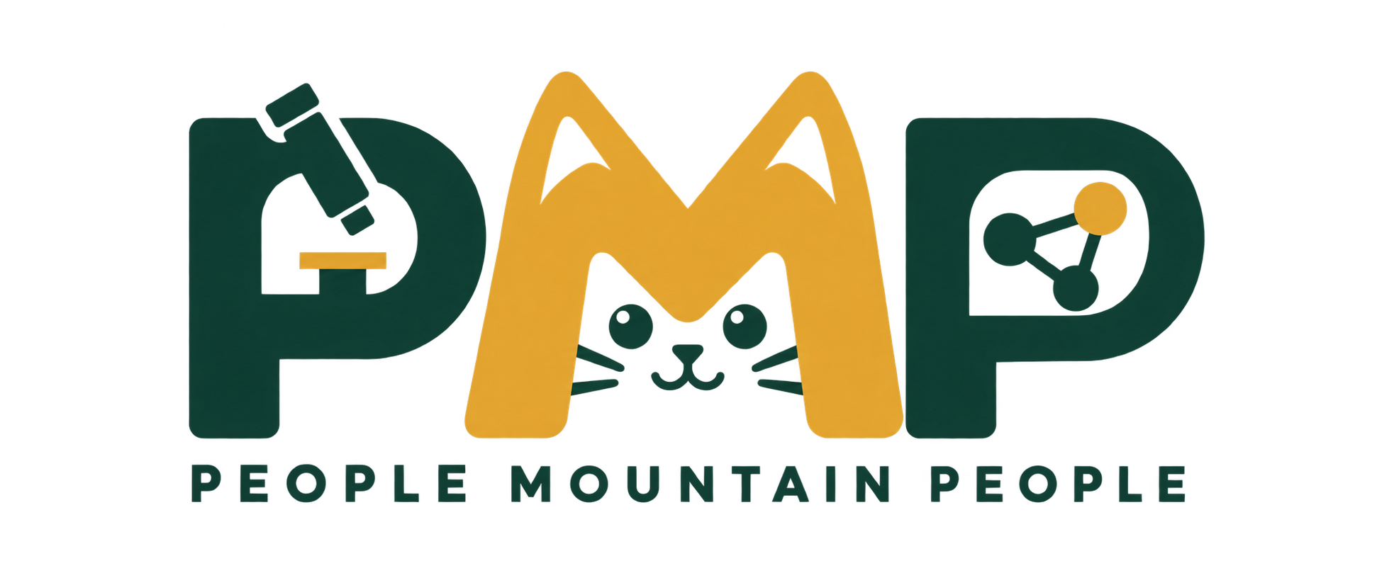 PMP 字母标志:显微镜 P、猫耳与山峰 M、分子连接 P;People Mountain People